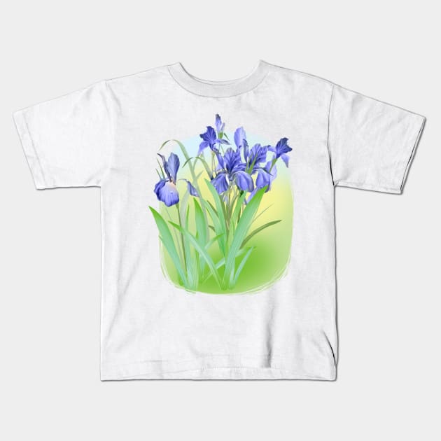 fresh irises on grass background, botanical composition Kids T-Shirt by sonaart